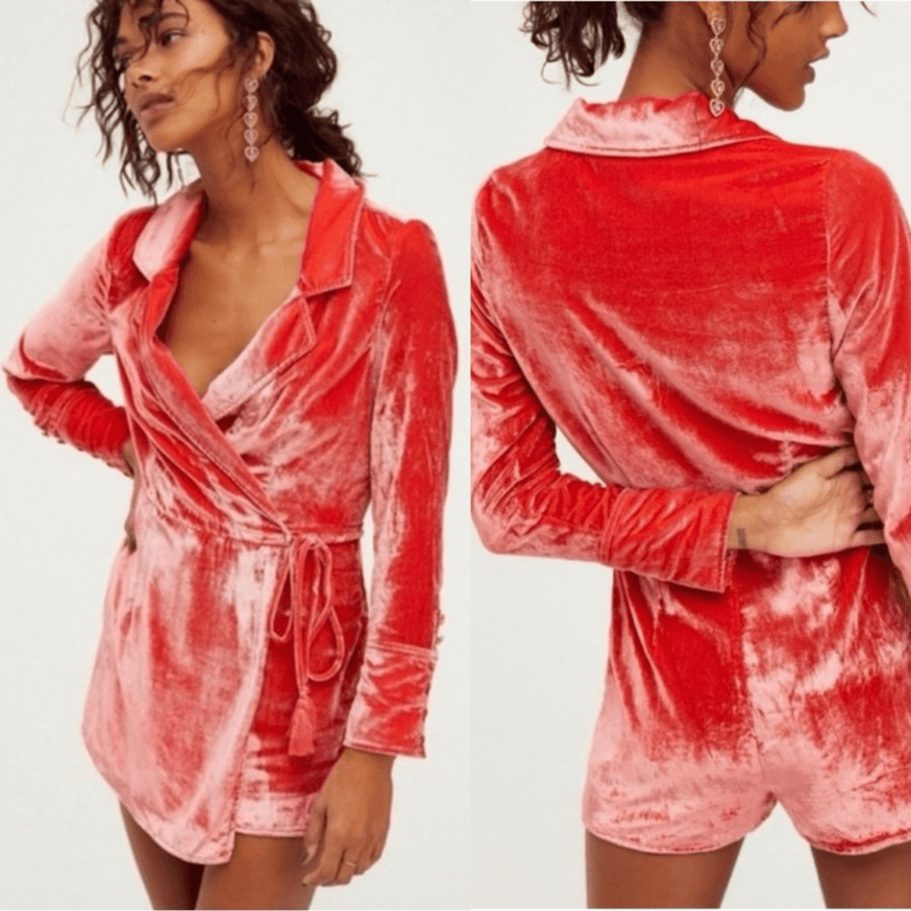 Free People Viola Velvet Romper Size S Orange Long Sleeve Tassels Boho Festival